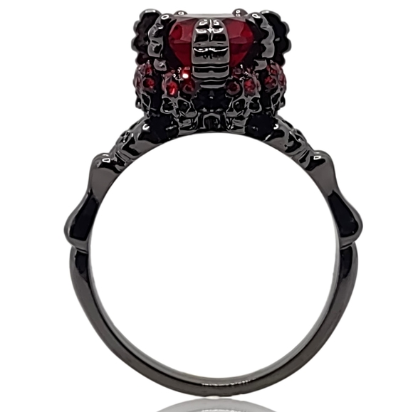 Gothic Red Heart Black Skeleton Skull Ring - Picture 2 of 4